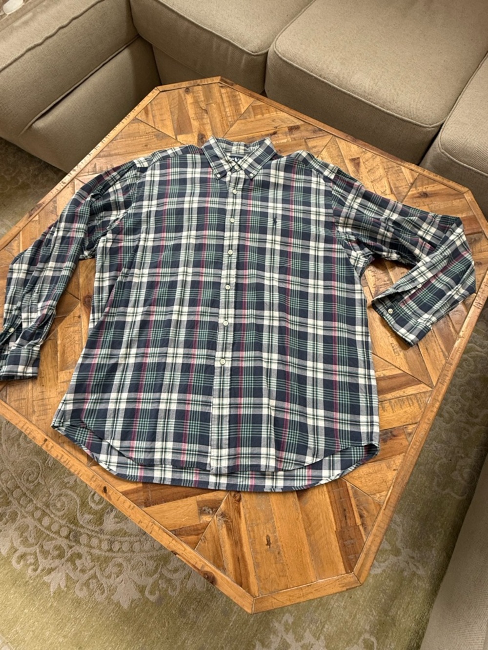 Ralph Lauren Navy, Green and White Plaid Button-Down Shirt